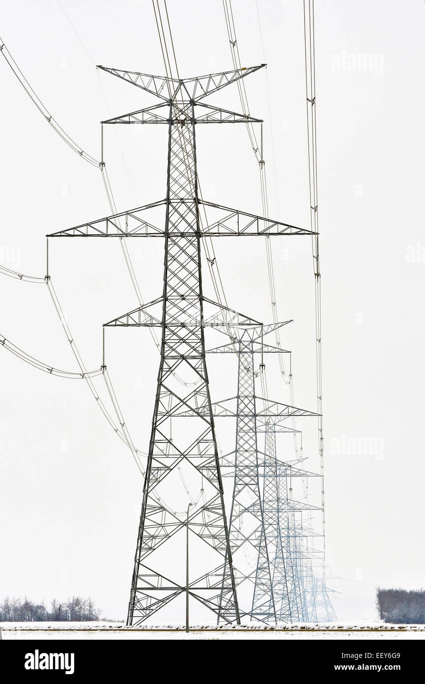 A vertical image of transmission lines run through a series of steel