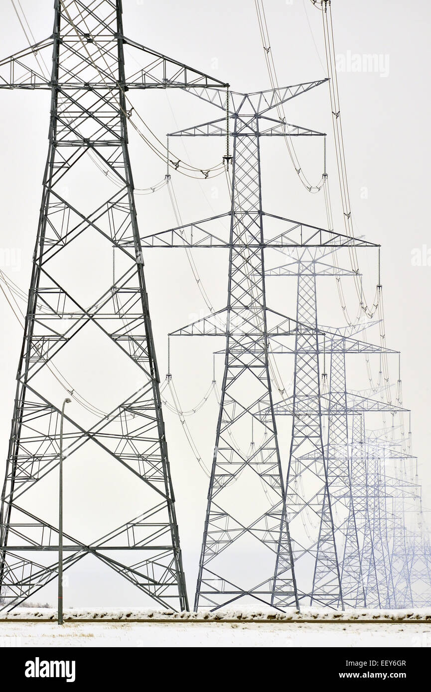 A vertical image of transmission lines run through a series of steel