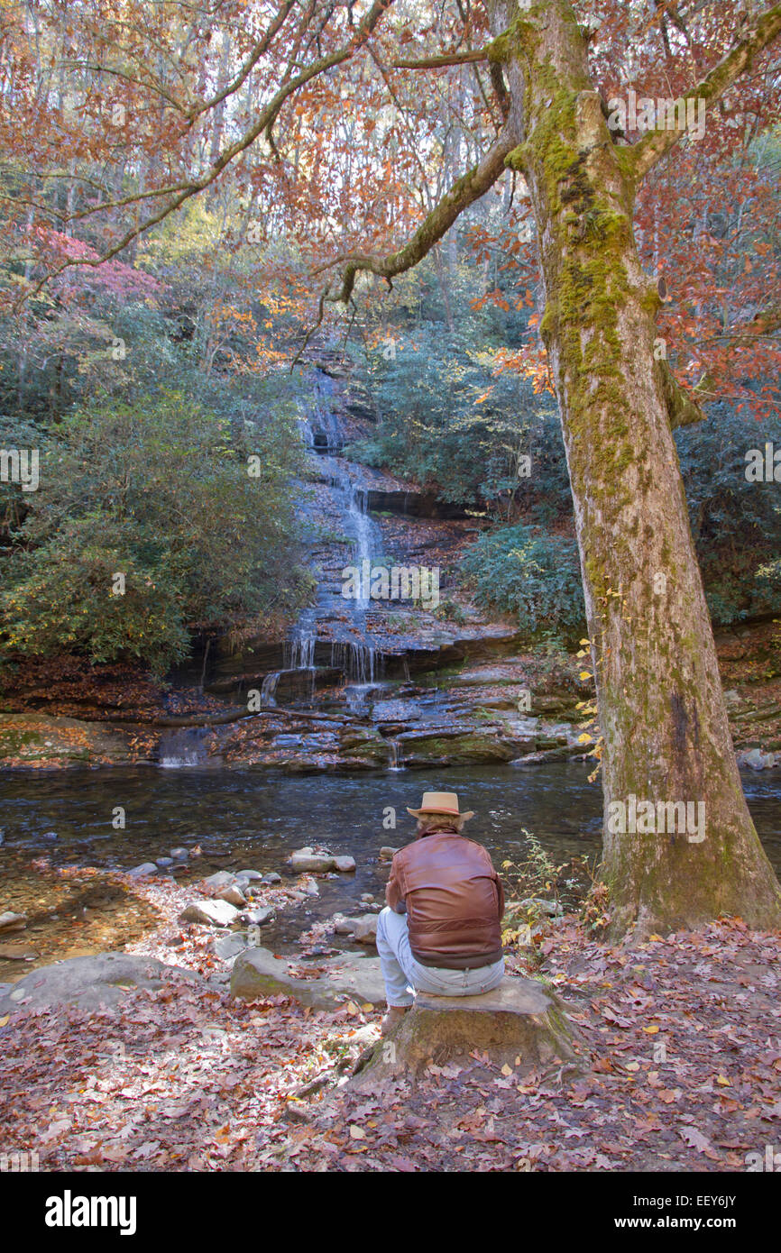 A man sits on a rock facing a scenic waterfall and mountain stream in autumn Stock Photo