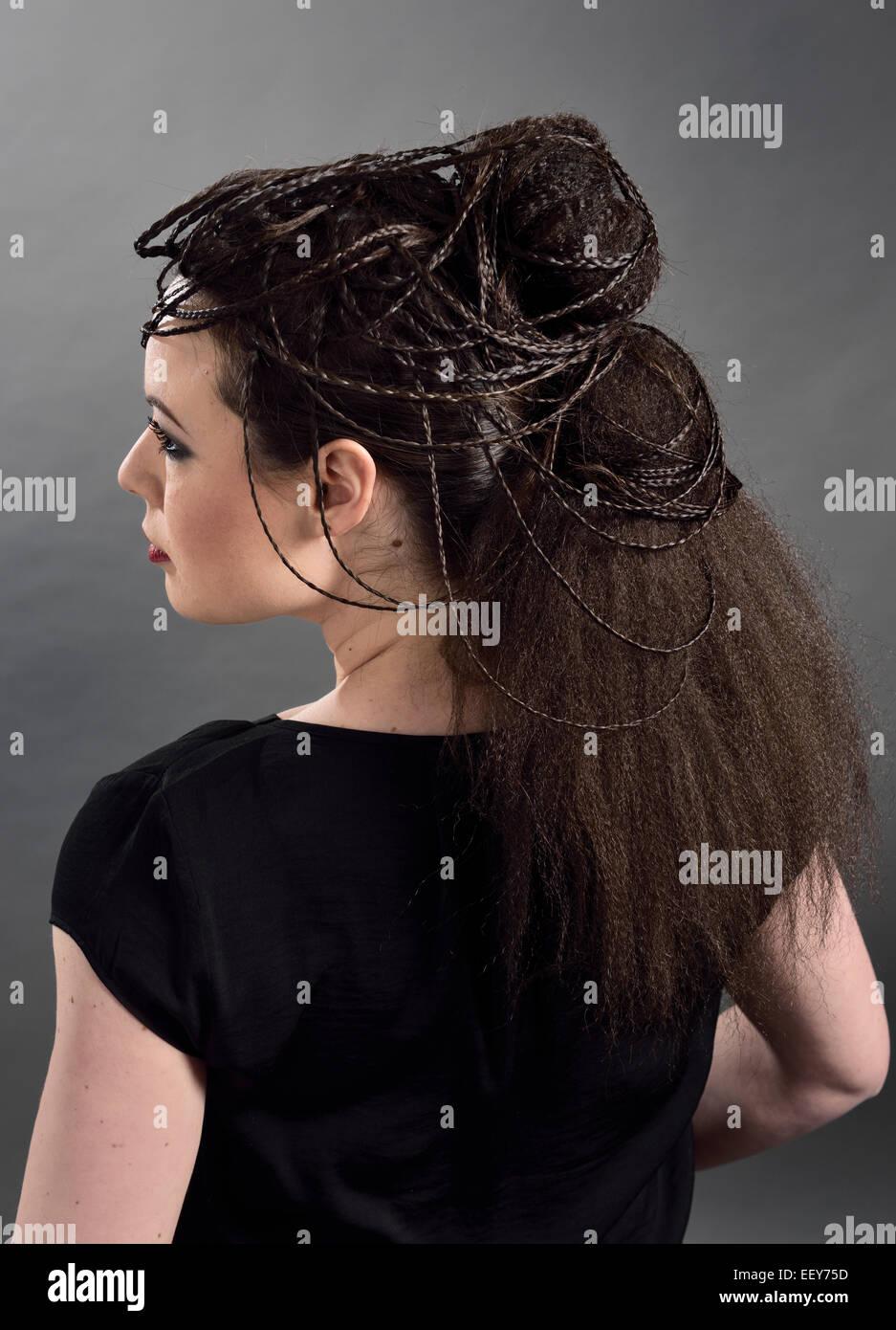 Side view portrait of a young woman with an elaborate hairdo with braids and crimped hair Stock Photo