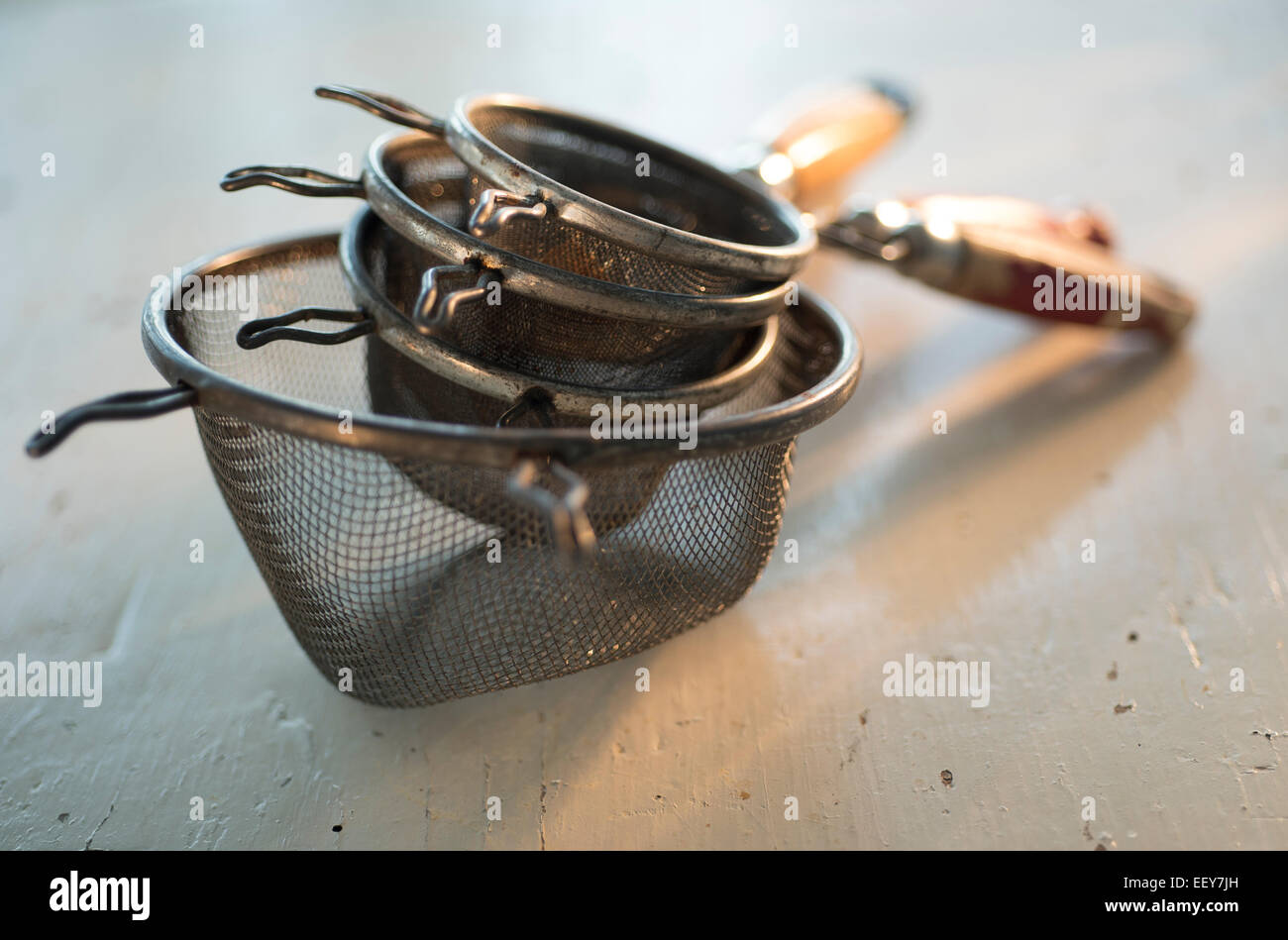 Old sieves on white Stock Photo Alamy