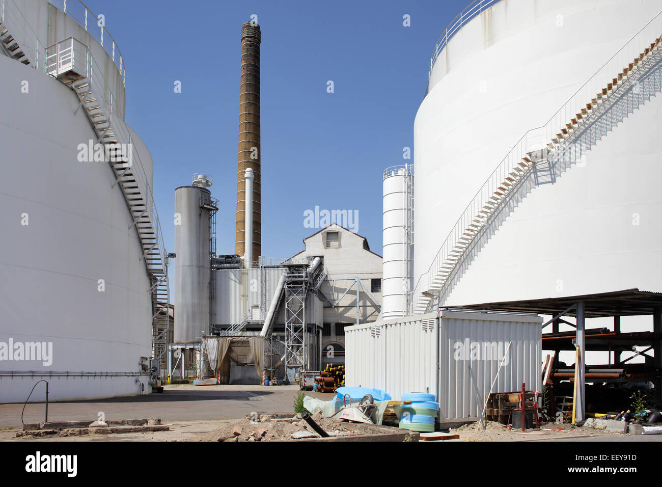 Berlin, Germany, tank system and chimney of the district heating plant