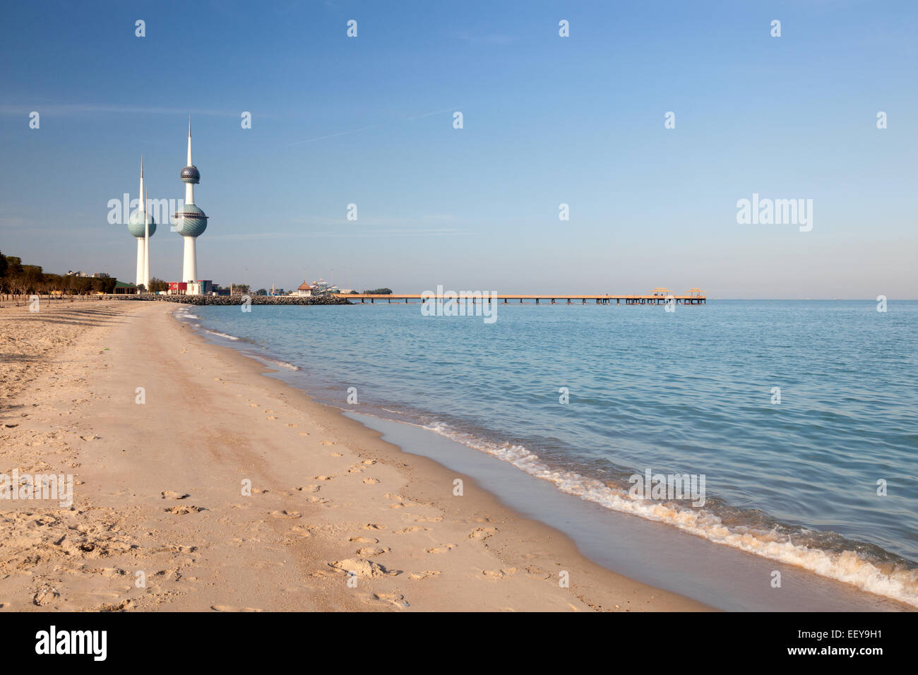 Arabian Gulf beach and the Kuwait Towers in Kuwait City, Middle East Stock Photo
