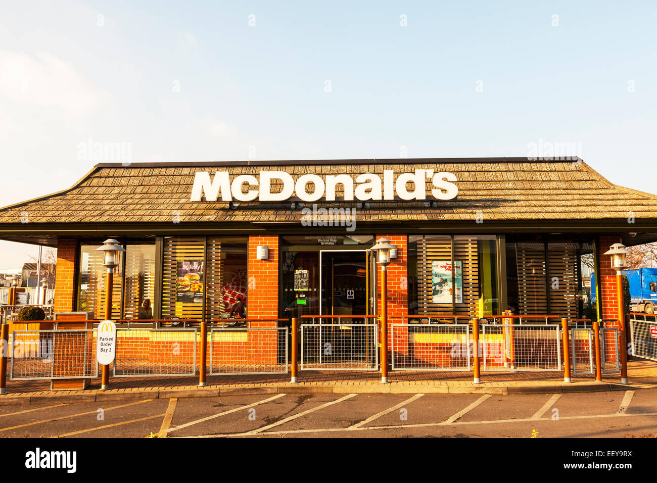 McDonald's restaurant burger chain store shop food outlet building exterior sign Grimsby Town Lincolnshire Humberside UK England Stock Photo