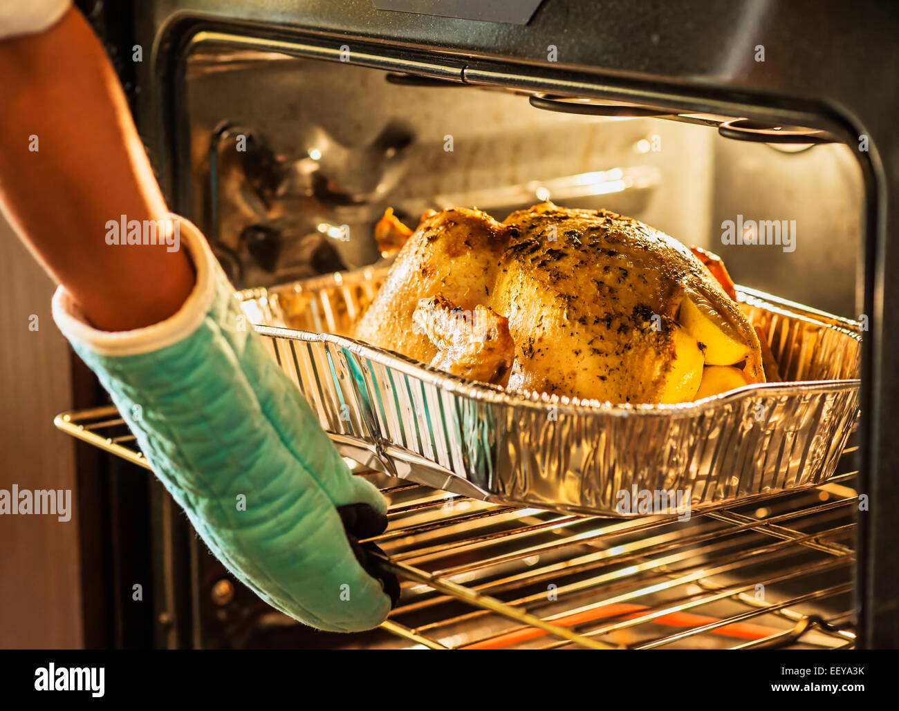 Woman checking turkey in oven Stock Photo