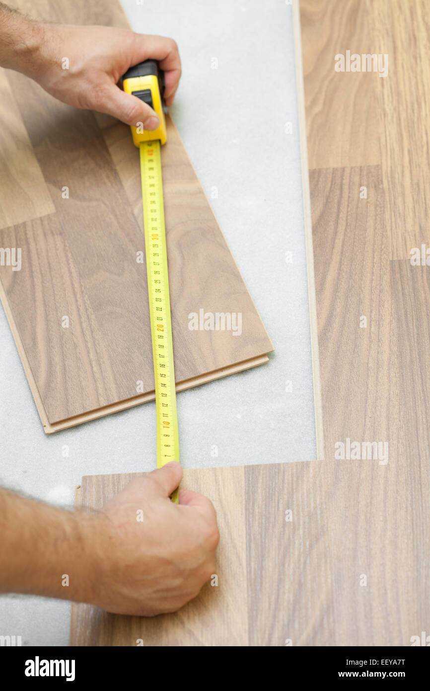 Carpenter Measuring Wooden Floor Plank Stock Photo 78047420 Alamy