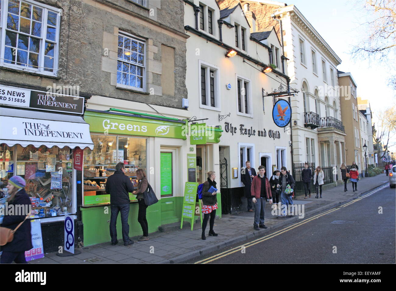 Greens Cafe and the Eagle and Child pub (aka The Bird and Baby), St Giles', Oxford, Oxfordshire, England, Great Britain, United Kingdom, UK, Europe Stock Photo