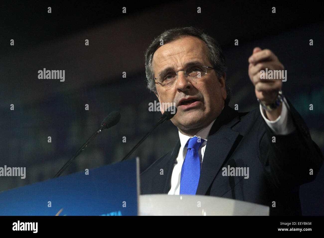 Athens. 23rd Jan, 2015. Greece's Prime Minister Antonis Samaras delivers his final campaign speech at the Taekwondo Indoor Stadium in southern Athens, Jan. 23, 2015. Credit:  Marios Lolos/Xinhua/Alamy Live News Stock Photo