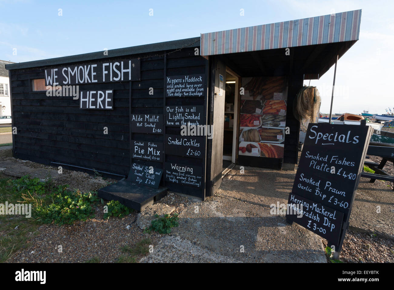 Smoked fish shack, Auldeburgh Beach Stock Photo