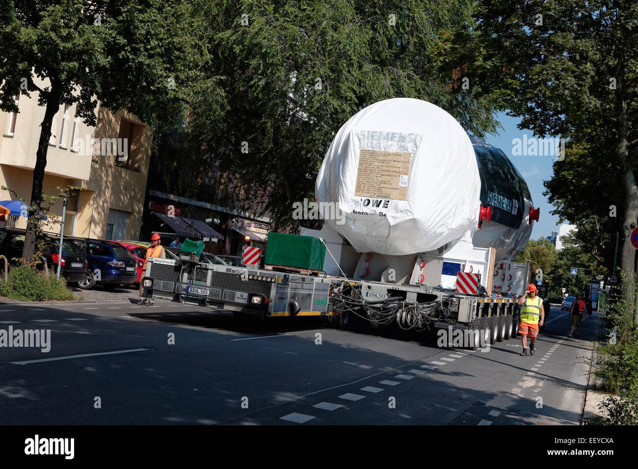 Berlin, Germany, low loader transports a 500-ton power plant gas turbine Stock Photo