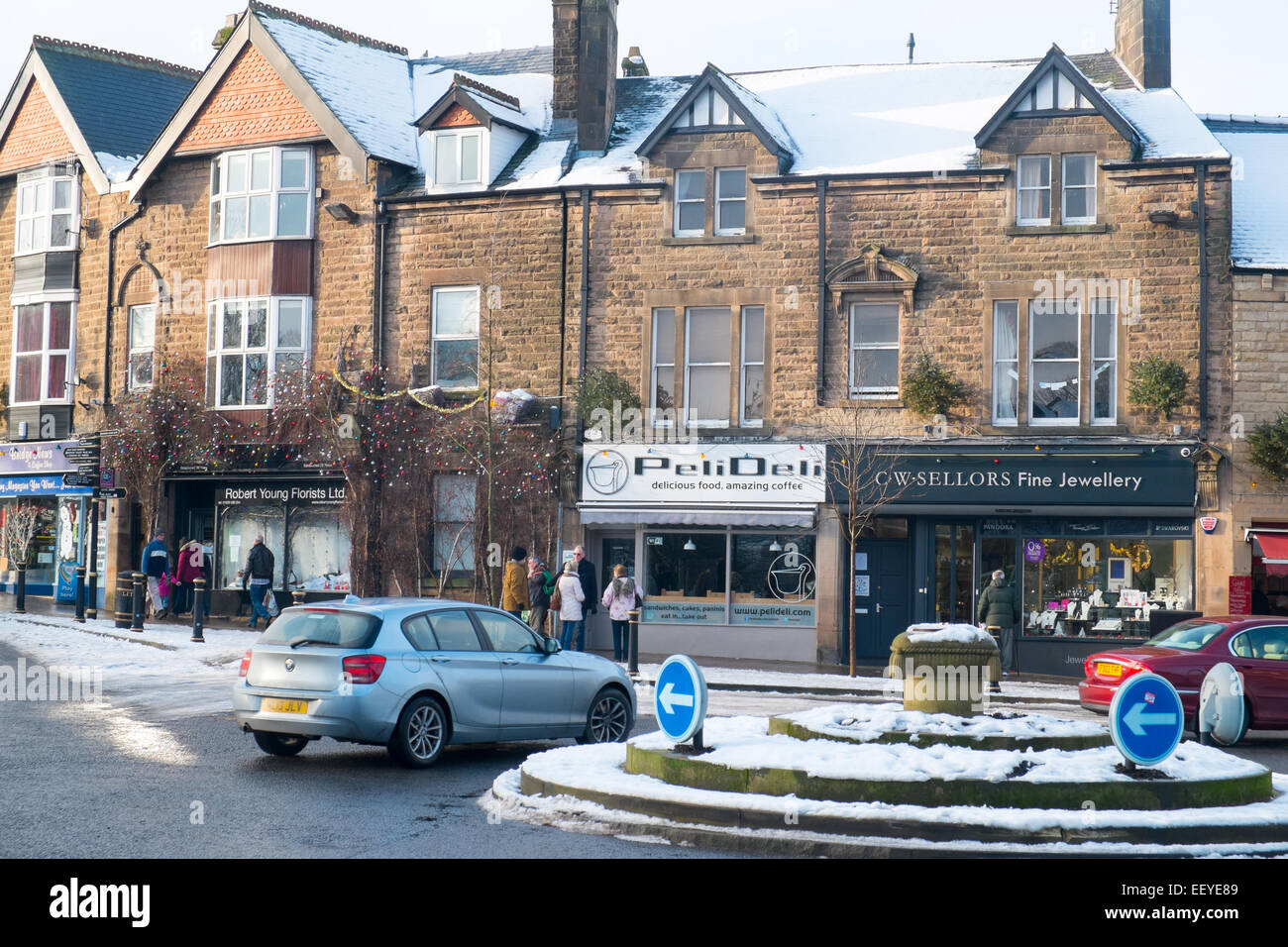 Matlock town centre on a snowy January day, Derbyshire,England,UK Stock Photo