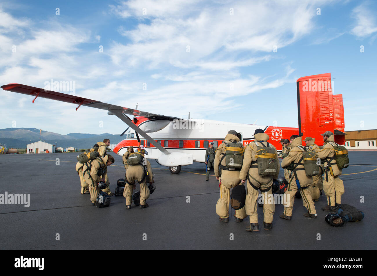Smoke Jumpers suit up for a practice jump in MIssoula May 23, 2014