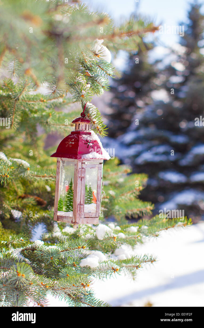 Christmas lantern with snowfall hanging on a fir branch Stock Photo - Alamy