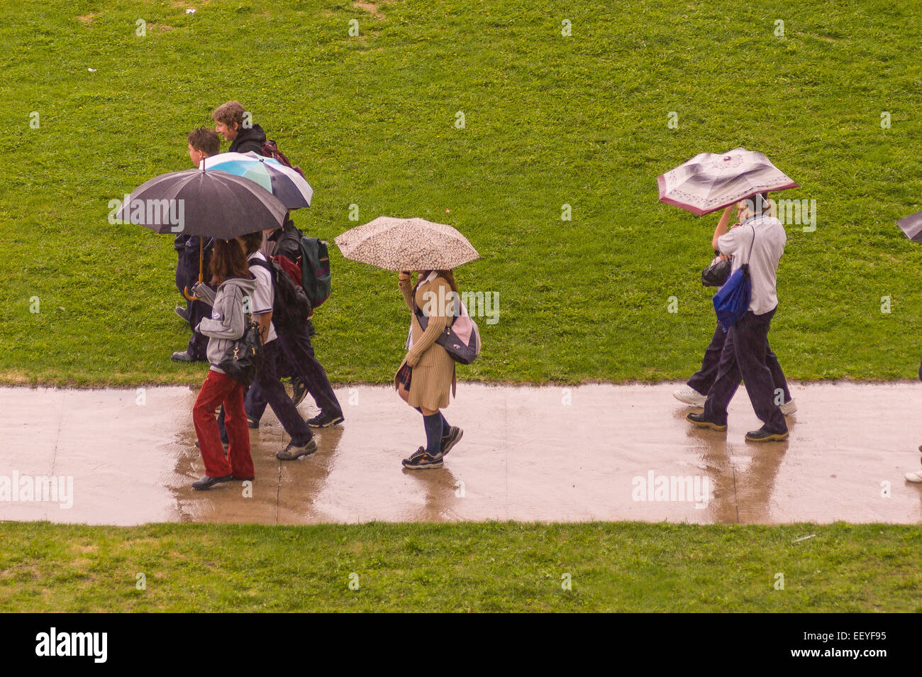 QUEBEC CITY, QUEBEC, CANADA - People with umbrellas in rain. Stock Photo