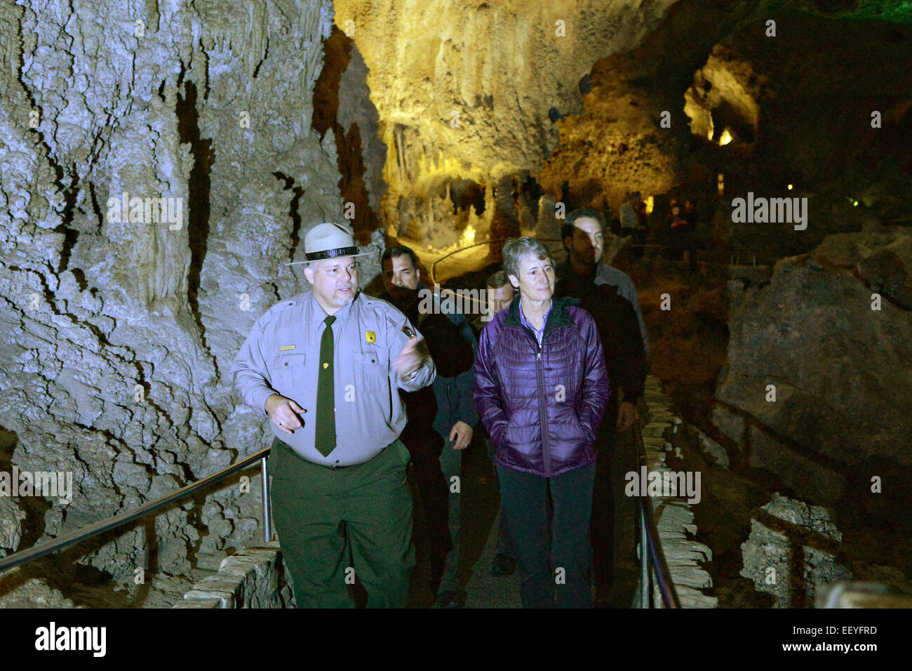 US Interior Secretary Sally Jewell tours Carlsbad Caverns National Park during a visit to the region January 22, 2015 in Carlsbad, New Mexico. Stock Photo