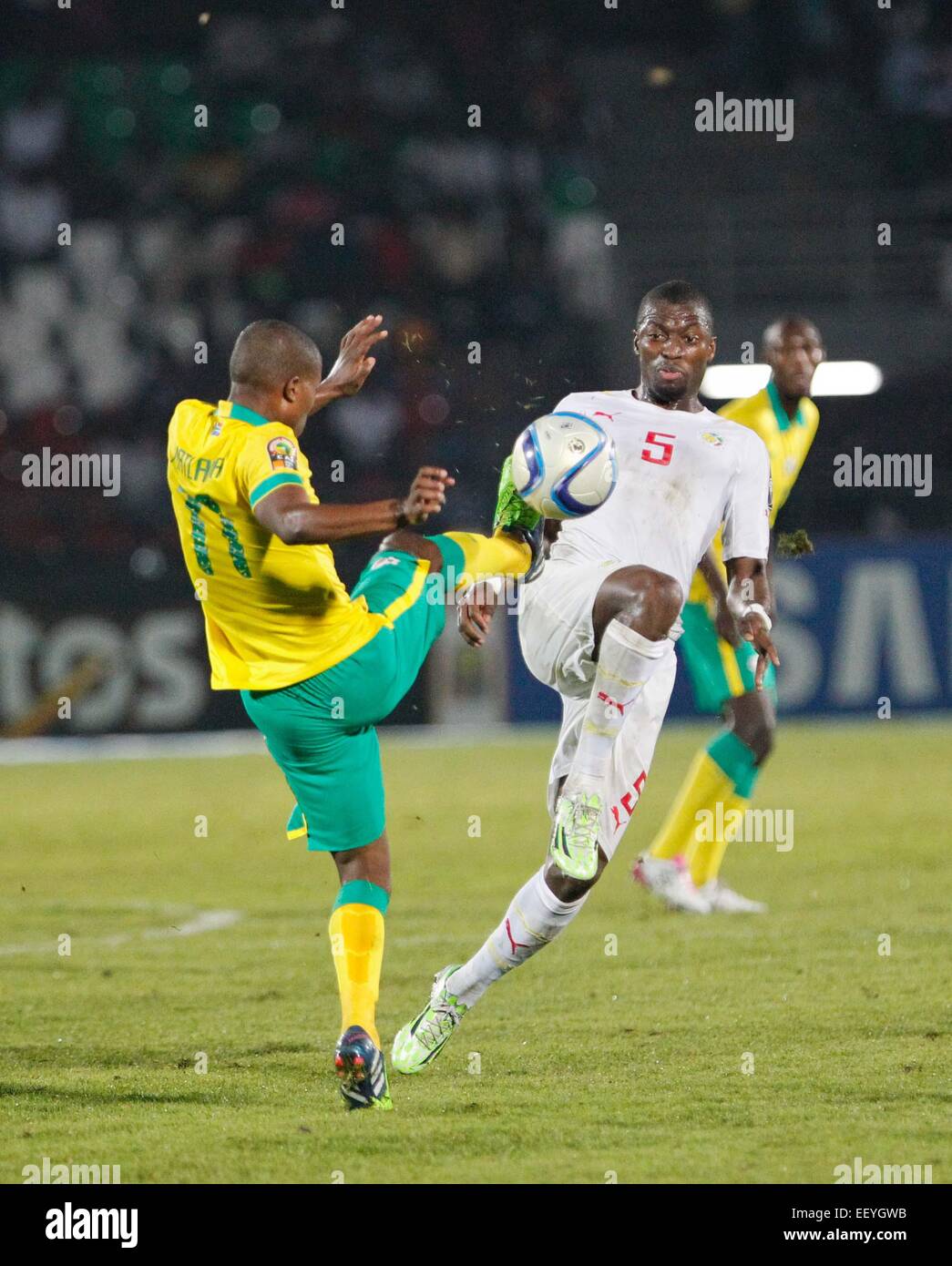Mongomo, Equatorial Guinea. 23rd Jan, 2015. South Africa's Thabo Matlaba (R) vies with Senegal's Papa Kouly Diop during their group match of Africa Cup of Nations in Mongomo, Equatorial Guinea, Jan. 23, 2015. The match ended with an 1-1 draw. Credit:  Li Jing/Xinhua/Alamy Live News Stock Photo