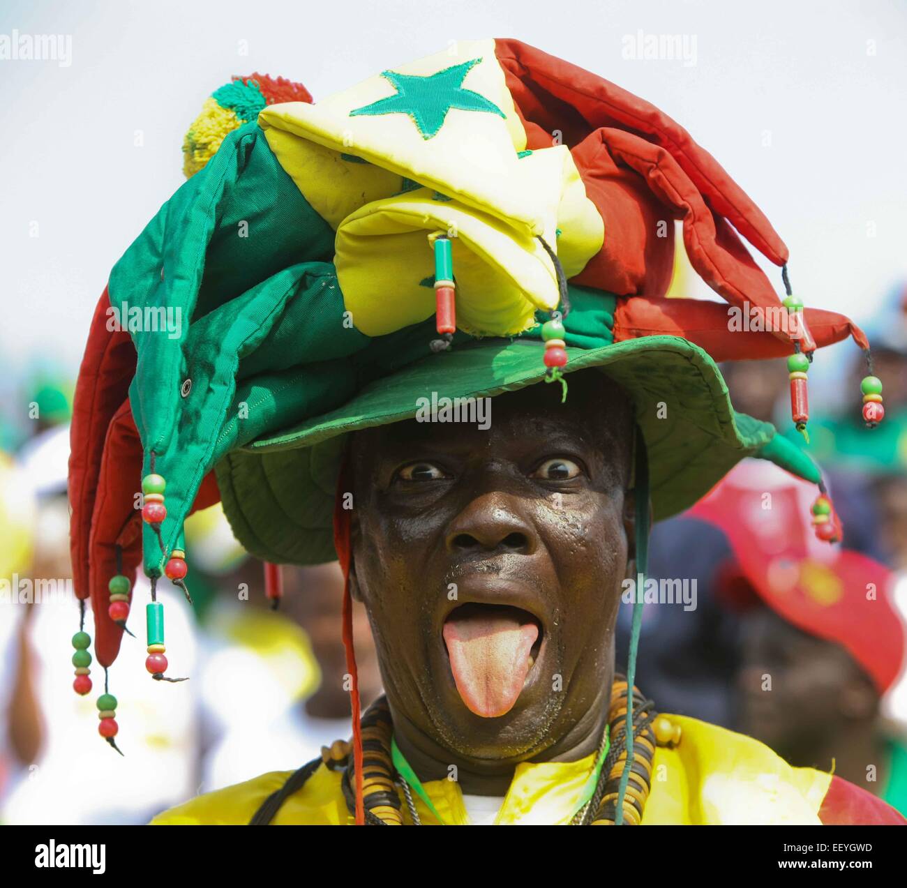 Mongomo, Equatorial Guinea. 23rd Jan, 2015. Senegalese football fans pose for a photo before the group match of Africa Cup of Nations between Senegal and South Africa in Mongomo, Equatorial Guinea, Jan. 23, 2015. The match ended with an 1-1 draw. Credit:  Li Jing/Xinhua/Alamy Live News Stock Photo