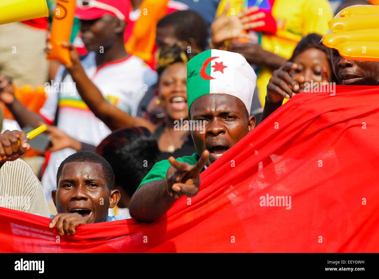 Mongomo, Equatorial Guinea. 23rd Jan, 2015. Football fans of Algeria chant before the group match of Africa Cup of Nations between Ghana and Algeria in Mongomo, Equatorial Guinea, Jan. 23, 2015. Credit:  Li Jing/Xinhua/Alamy Live News Stock Photo