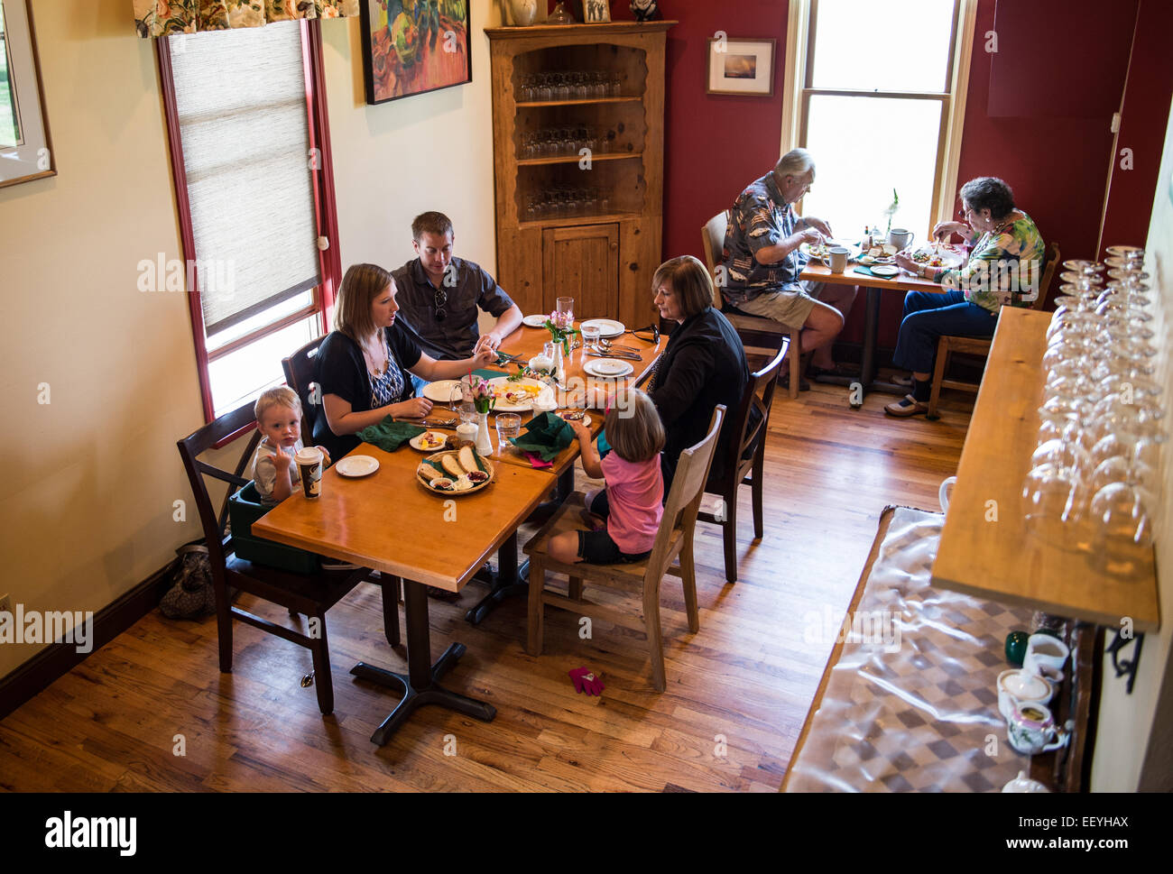Guests enjoy brunch at The Old Hotel restaurant in Twin Bridges, Montana, June 21, 2014. The  owners Bill and Paula Kinoshita are also the chefs and its ranked as one of the best places to dine in Montana. (Photo by Ami Vitale) Stock Photo