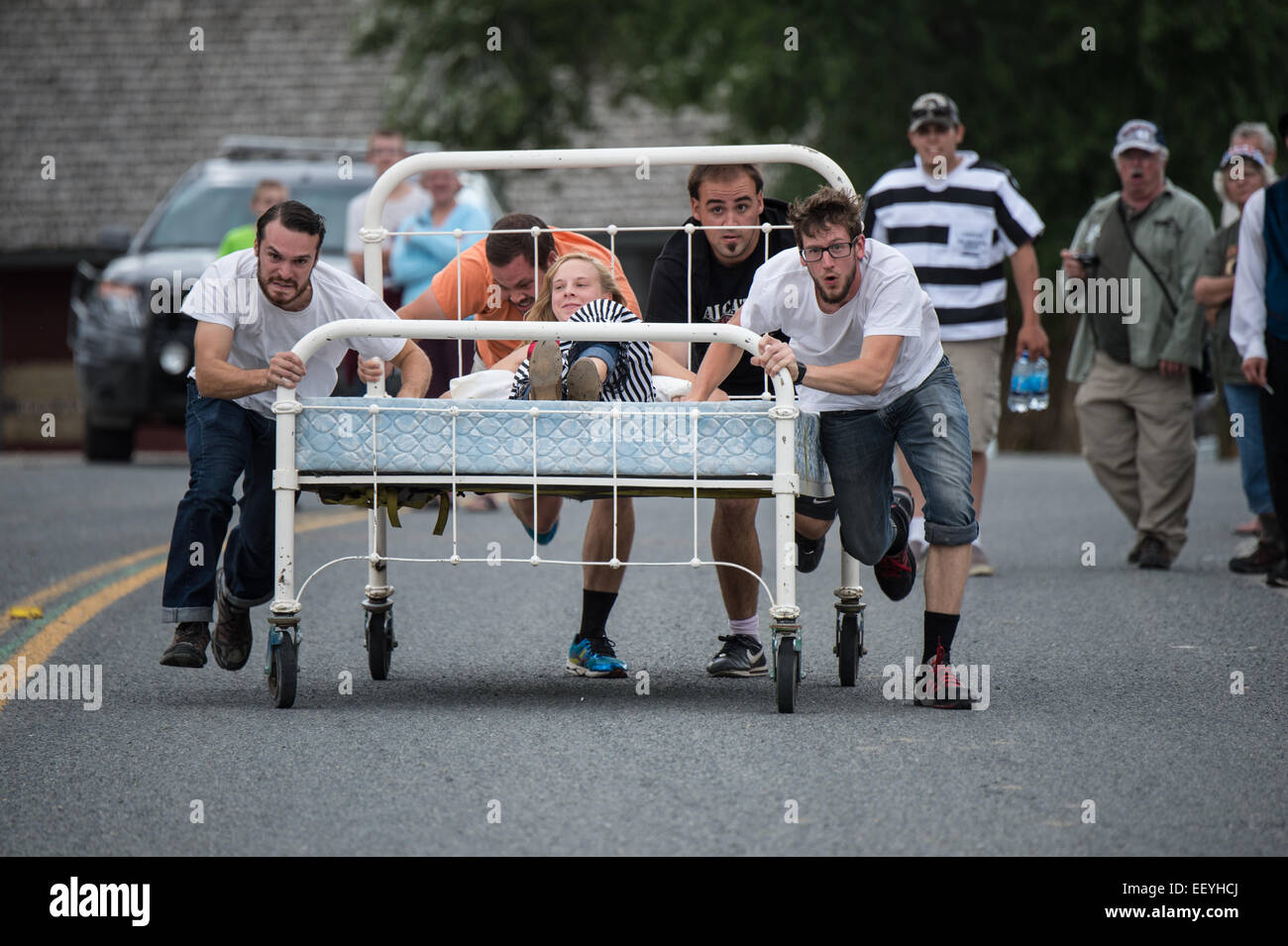 Competitors take part in bed races during Brothel Days in Virginia City