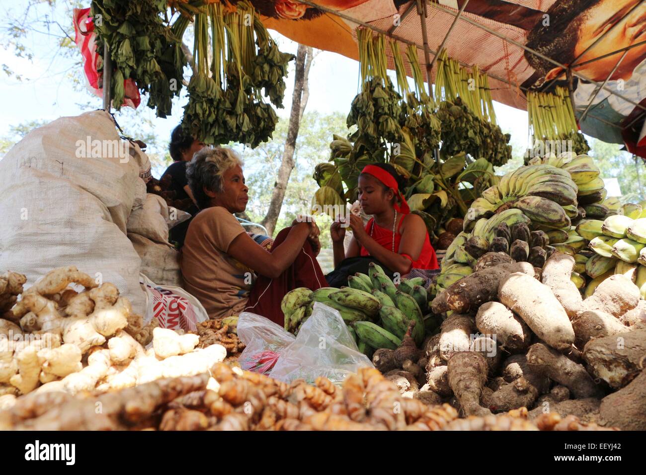 An Aeta sells root crops in a commercial area during the 