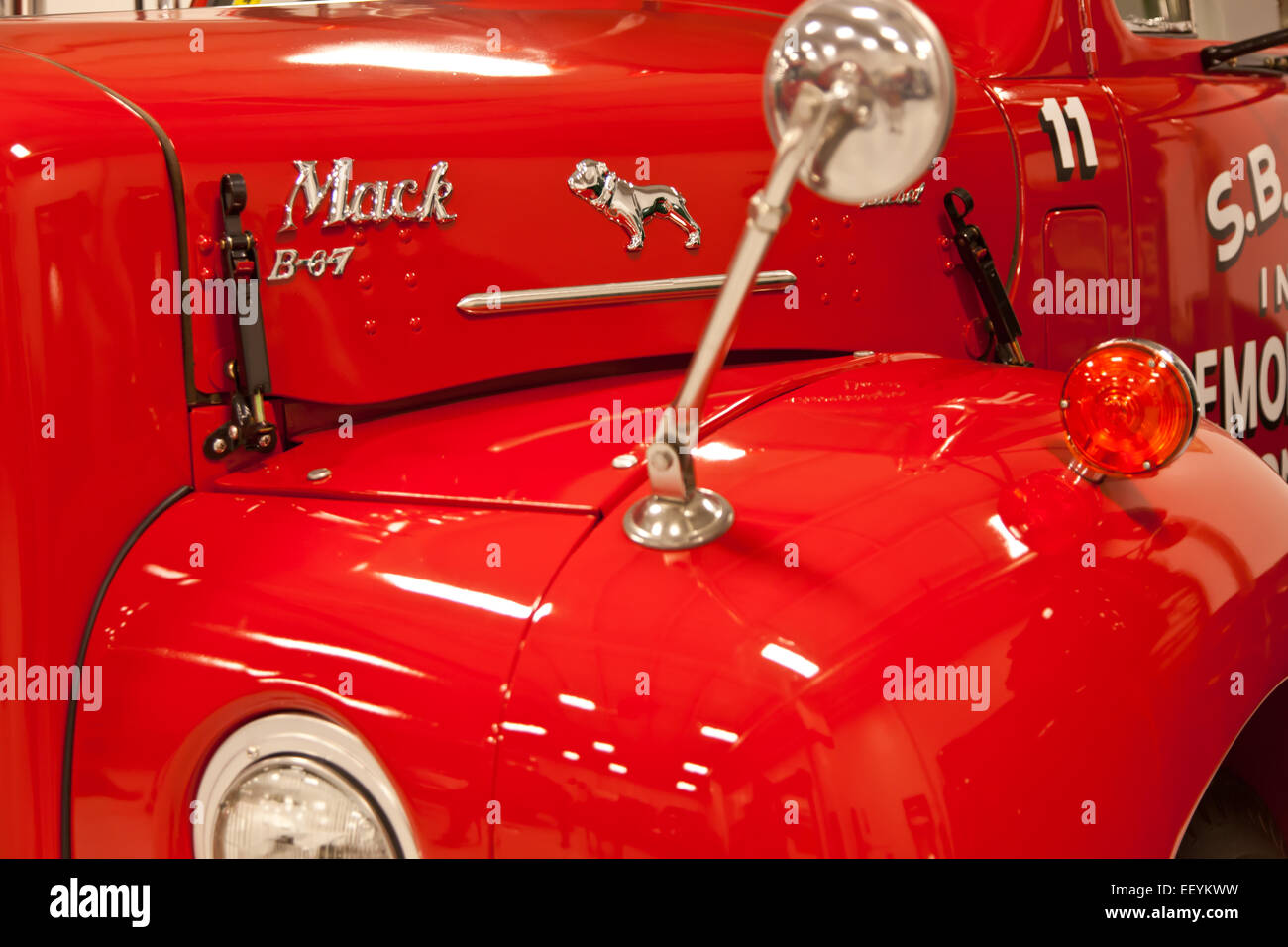 Closeup of a vintage red Mack truck Stock Photo