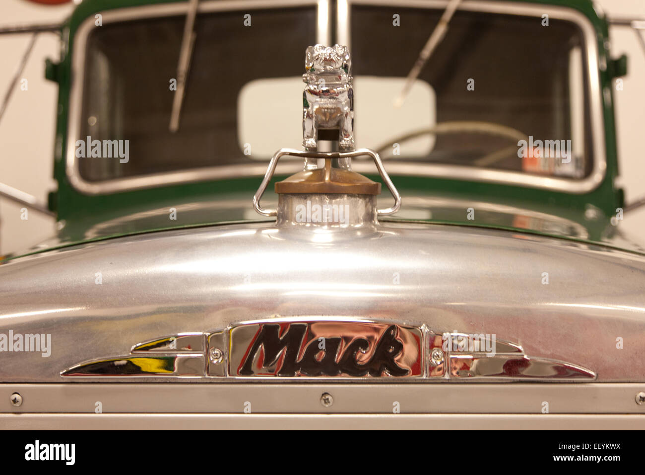 Closeup of the Mack emblem on the hood of an antique Mack truck Stock Photo