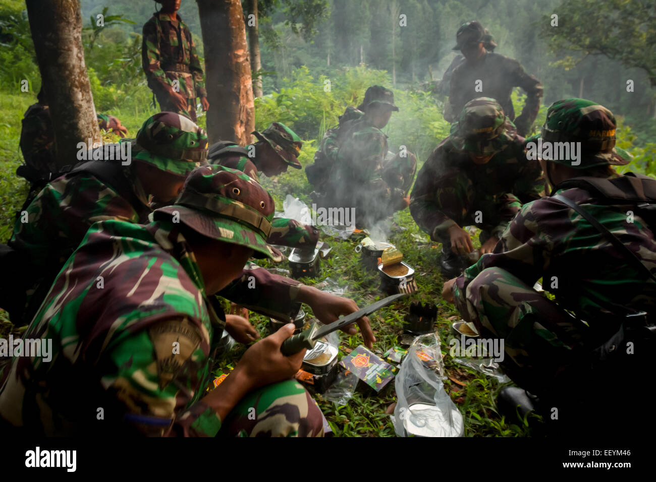 Mount Salak, West Java, Indonesia. May 10, 2012. Indonesian marines getting ready before search and rescue mission for the missing Sukhoi Superjet 100. Stock Photo