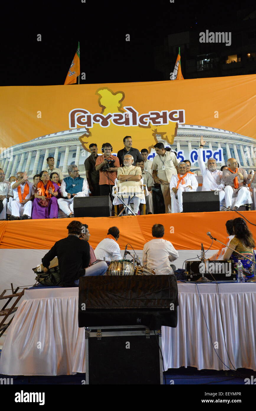 AHMEDABAD, GUJARAT/INDIA - 16 MAY 2014 :Prime Minister Narandra Modi addressing Vijayutsav rally after winning a thumping majority in Lok Sabha polls at Dharnidhar on May 16, 2014 in Ahmedabad, India. Stock Photo