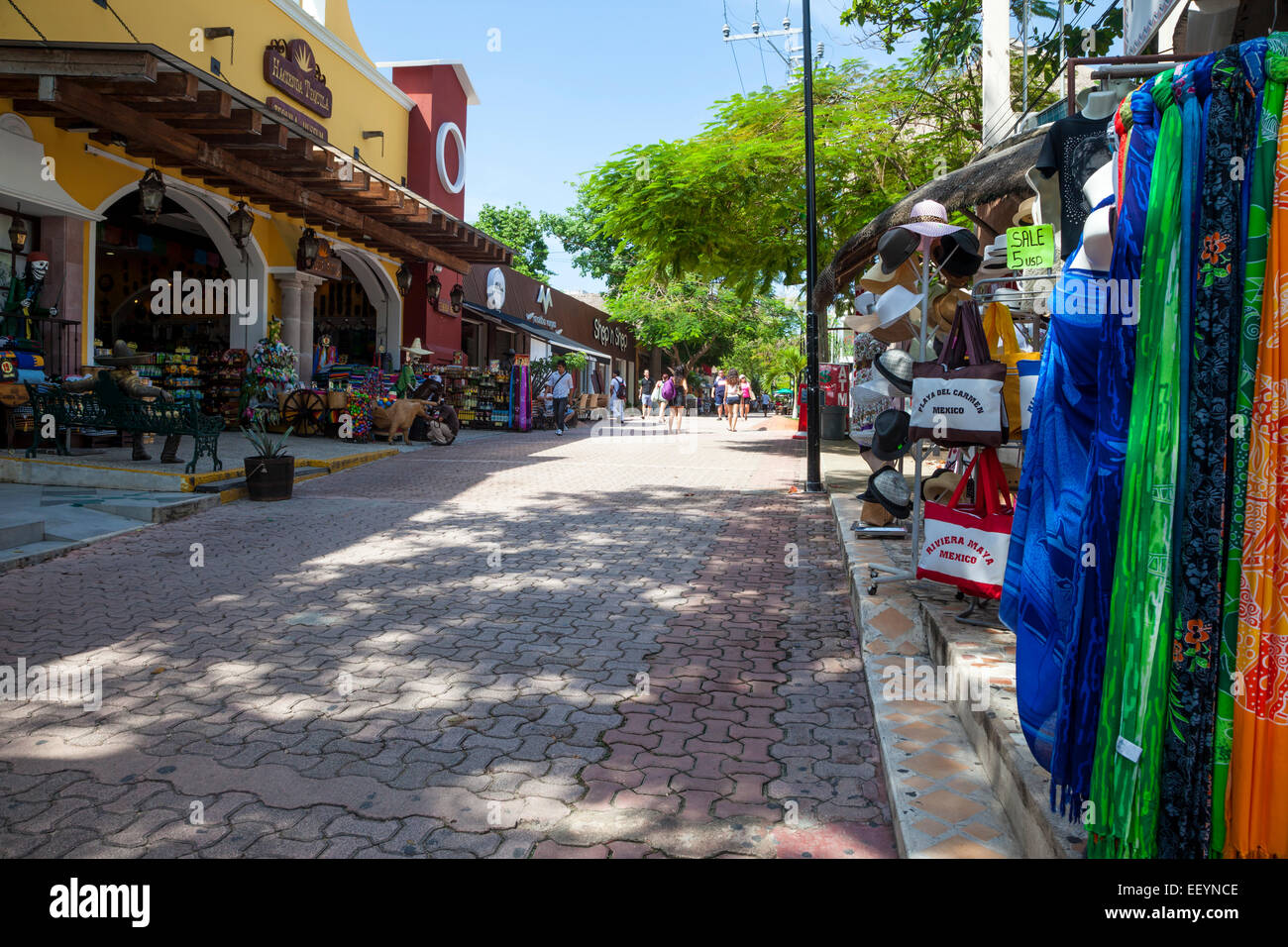 Street Scene with Shops. Tequila Museum on the Left. Playa del Carmen