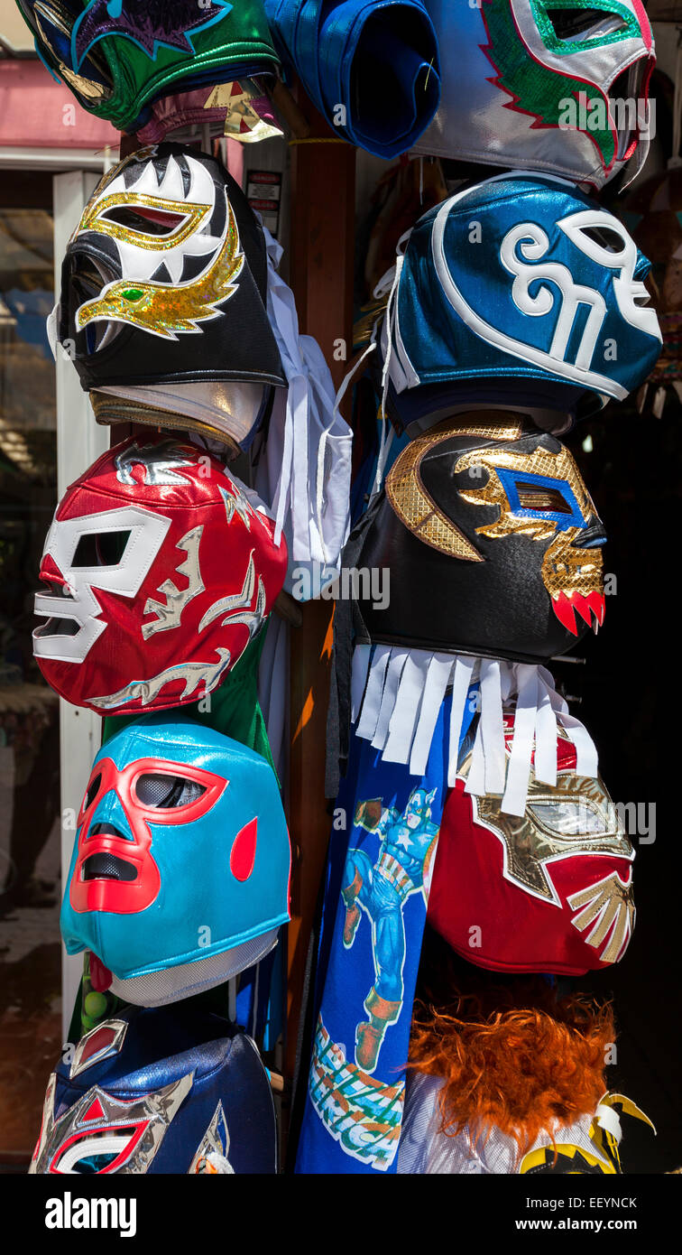 Facemasks at Souvenir Shop, Playa del Carmen, Riviera Maya, Yucatan, Mexico. Stock Photo