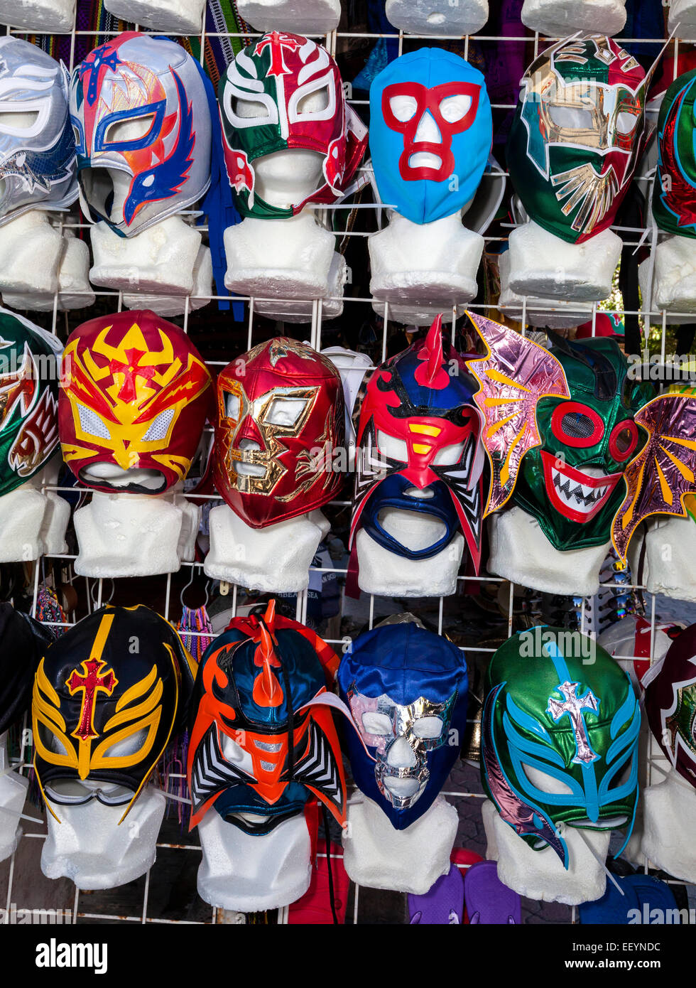 Facemasks at Souvenir Shop, Playa del Carmen, Riviera Maya, Yucatan, Mexico. Stock Photo