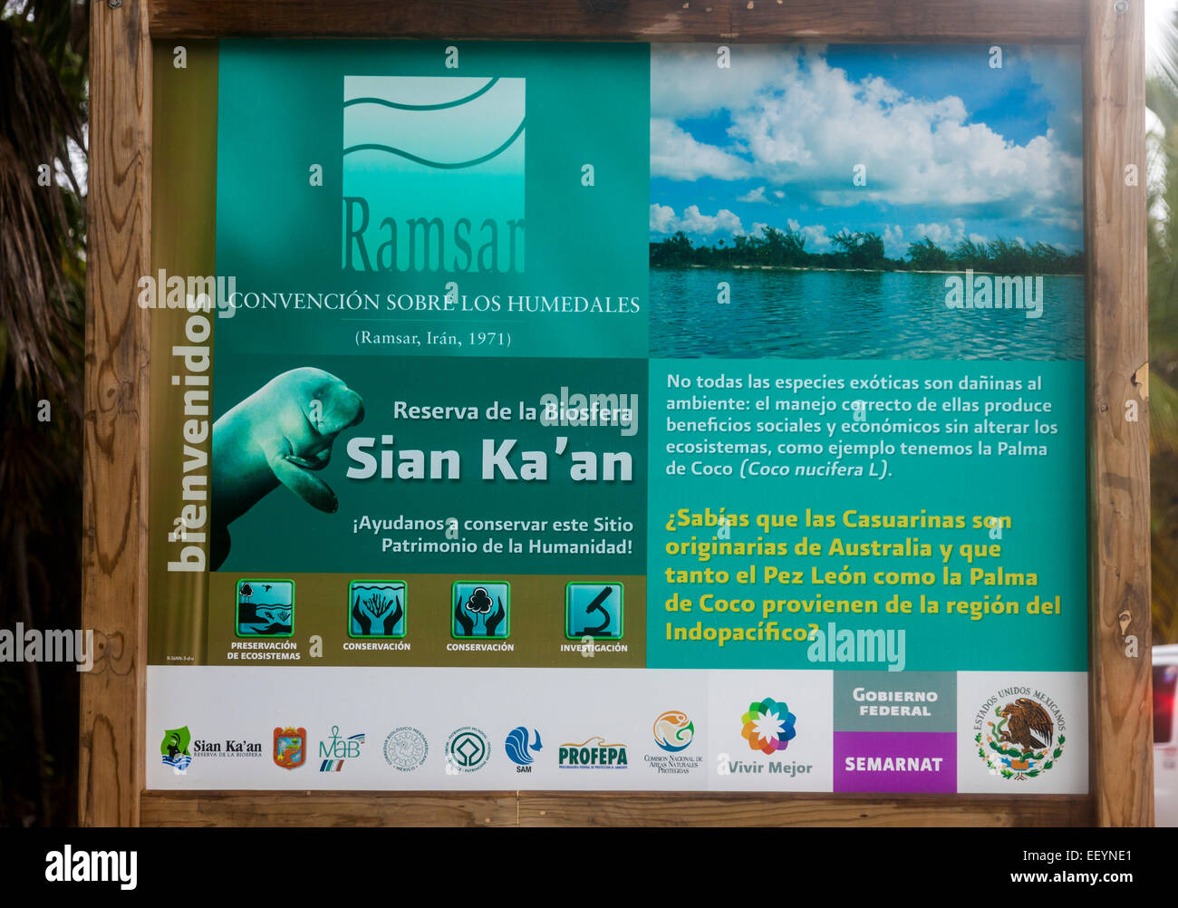 Sian Ka'an Biosphere Reserve Sign, Riviera Maya, Yucatan, Mexico. Stock Photo