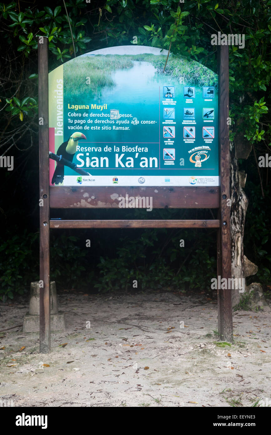 Sian Ka'an Biosphere Reserve Sign, Laguna Muyil, Riviera Maya, Yucatan, Mexico. Stock Photo