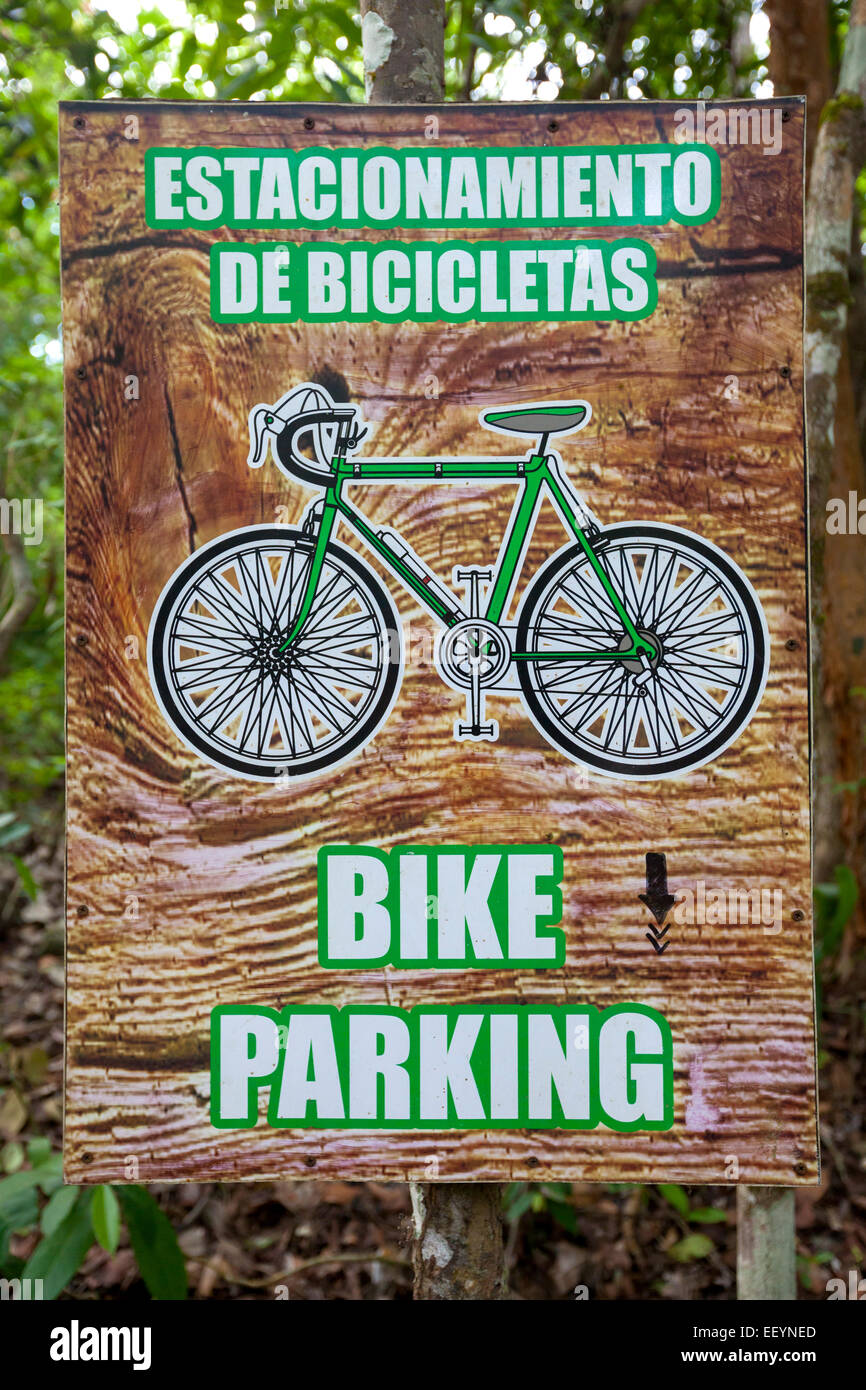 Bicycle Parking Sign, Coba, Riviera Maya, Yucatan, Mexico. Stock Photo