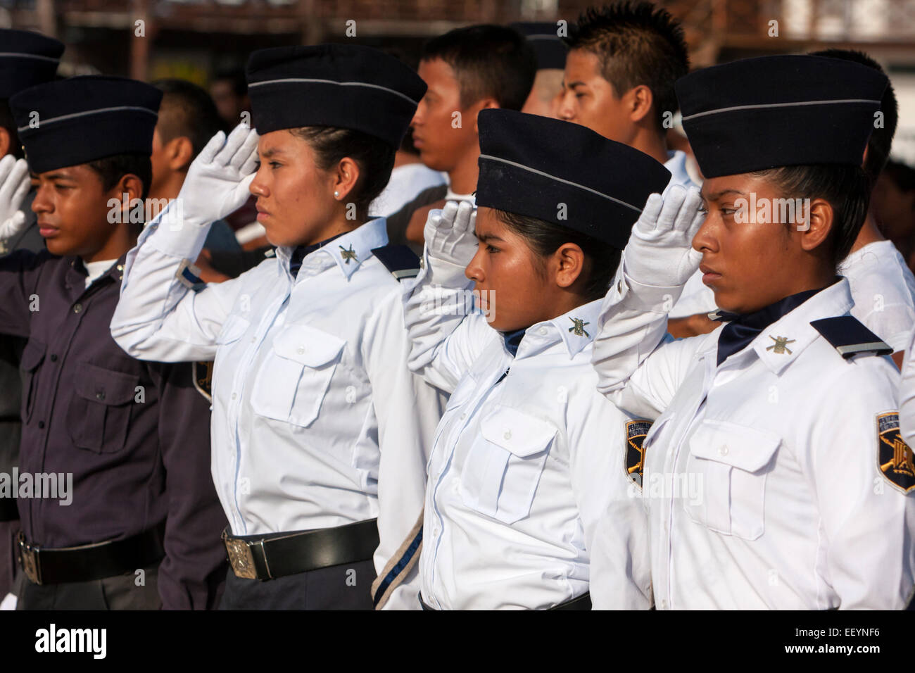 Young Women Participating in the Celebration of the 70th Anniversary of the Founding of the Mexican Navy, Playa del Carmen. Stock Photo