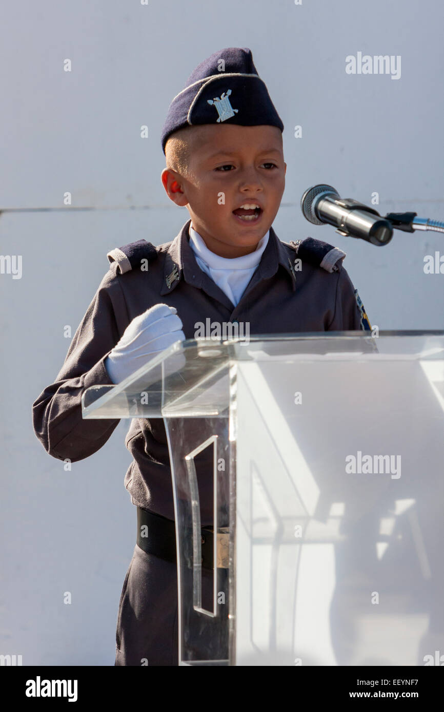 Young Cadet Giving a Speech at the Celebration of the 70th Anniversary of the Founding of the Mexican Navy, Playa del Carmen. Stock Photo