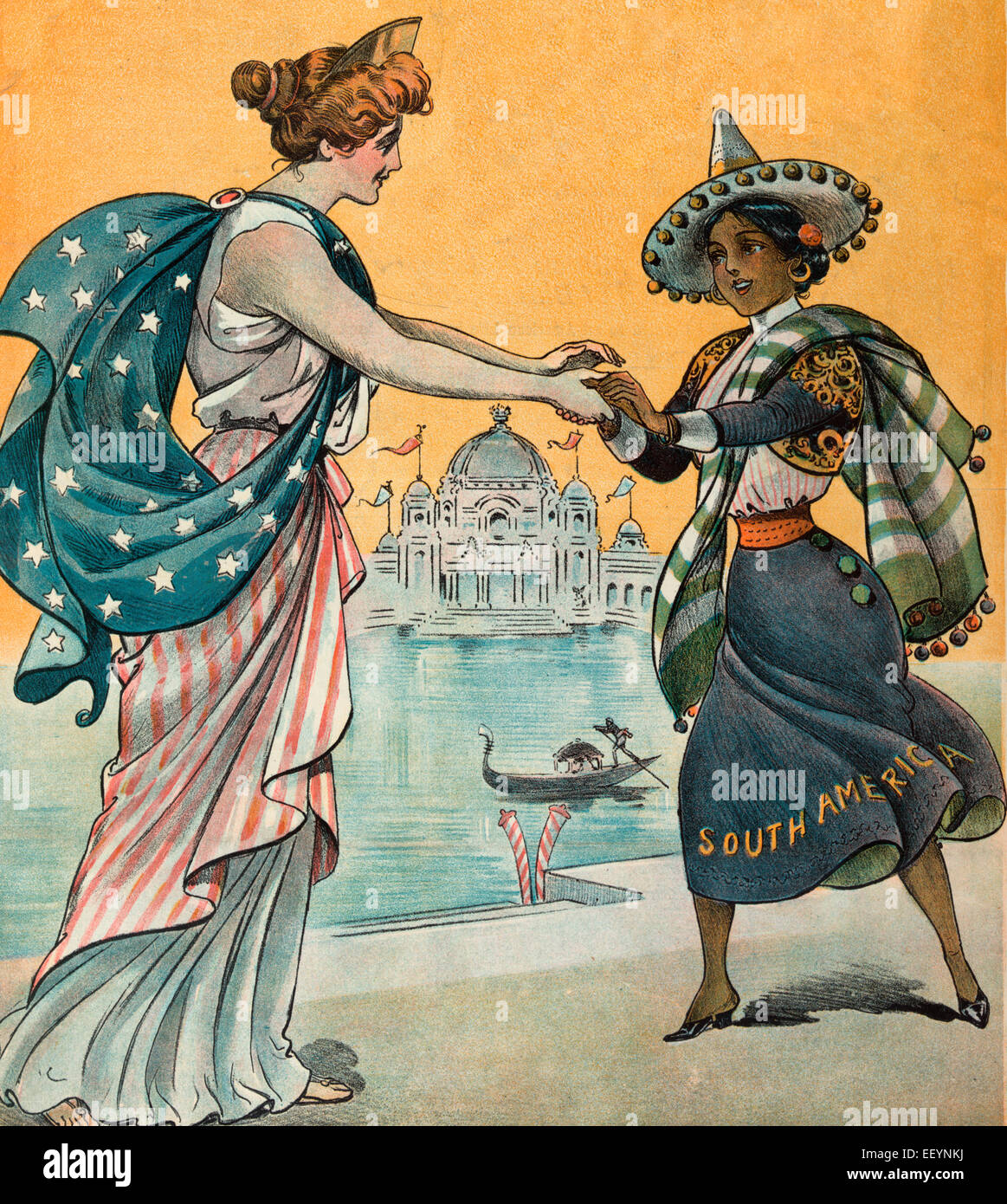 Pan-American Illustration shows Columbia welcoming a woman labeled 'South America' to the Pan-American Exposition in Buffalo, New York. 1901 Stock Photo