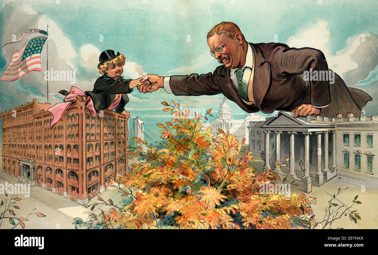 'Congratulations, Mr. President; they wanted you'  Illustration shows Puck reaching from the Puck Building to the White House to congratulate Theodore Roosevelt for winning the presidential election; they are shaking hands.  1904 Stock Photo