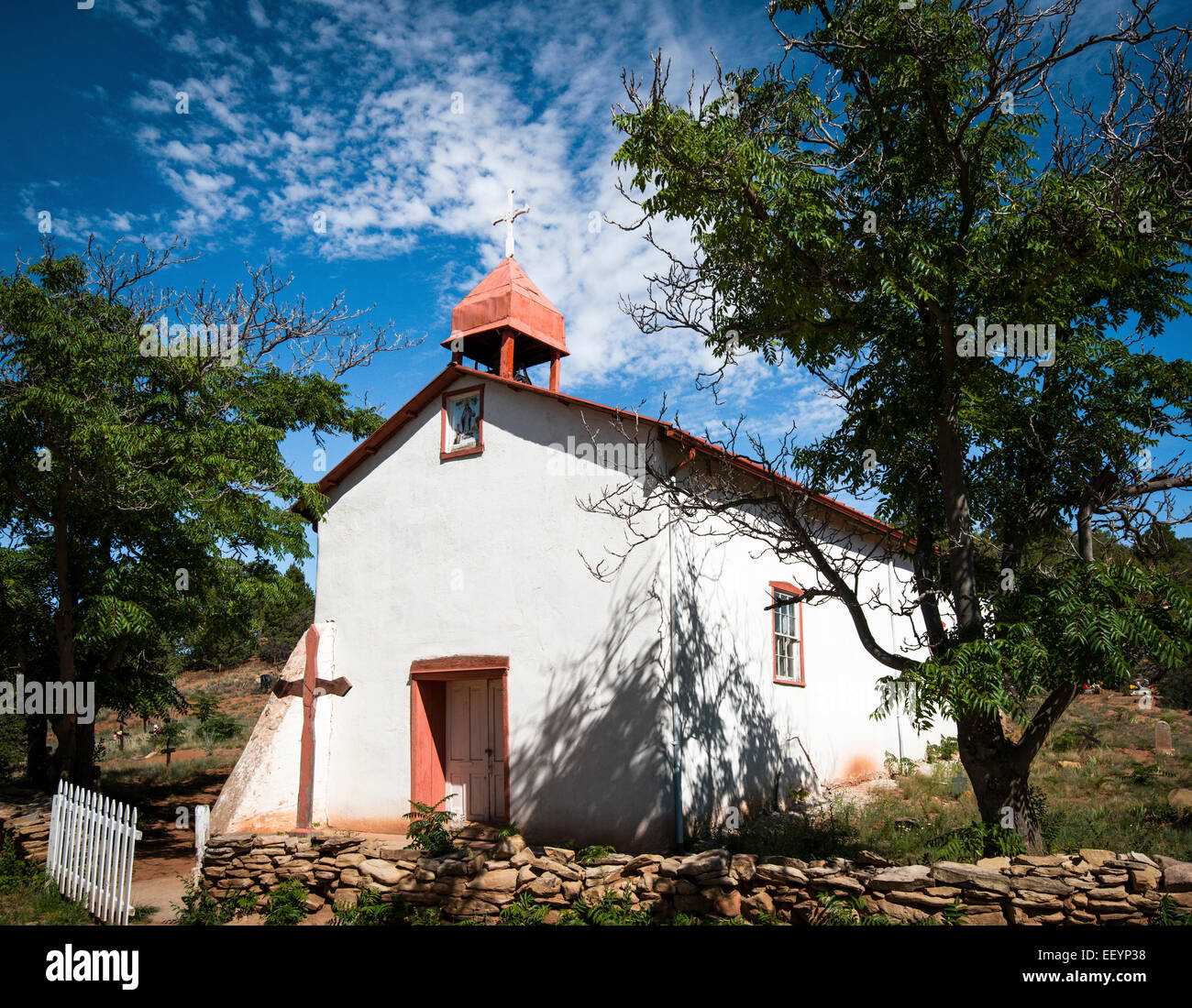 Old Chapel in Apache Canyon near Santa Fe, New Mexico.  Built by Bishop Lamy over 150 years ago. Stock Photo
