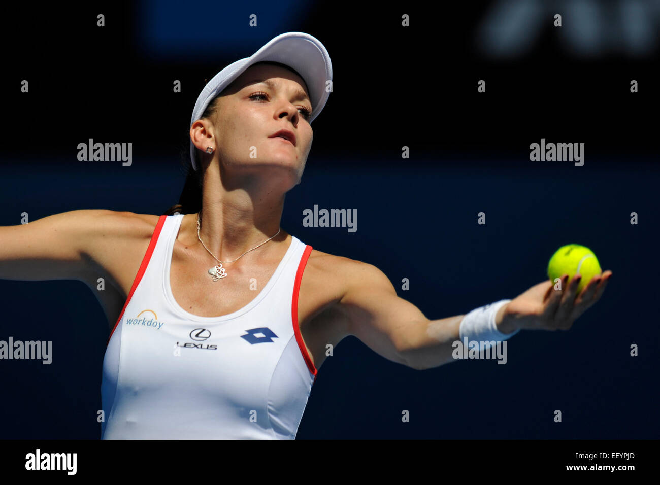 Melbourne, Australia. 24th January, 2015. Australian Open Tennis from Melbourne Park. Agnieszka Radwanska of Poland serves in her match against Varvara Lepchenko of the USA on day six of the 2015 Australian Open at Melbourne Park, Melbourne, Australia. Credit:  Action Plus Sports Images/Alamy Live News Stock Photo