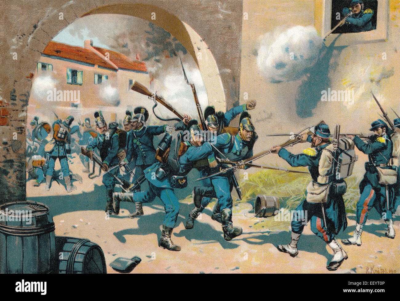 Battle of Bazeilles on 1 September 1870, one of the battles of Sedan, historic scene from the Franco-Prussian War or Franco-Germ Stock Photo