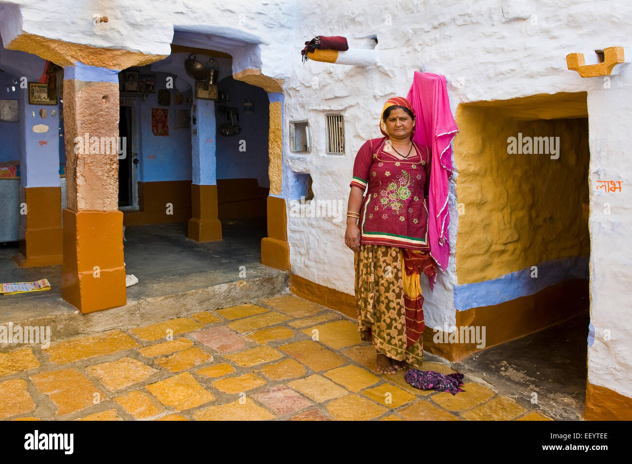 India, Rajasthan, Jaisalmer, woman at home Stock Photo
