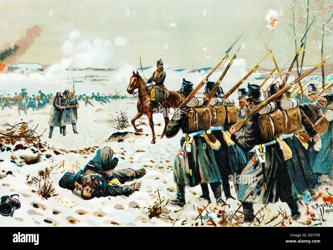 German soldiers with General August von Werder, Battle at the Lisaine or Bataille d'Héricourt at Belfort, Battle of Héricourt or Stock Photo