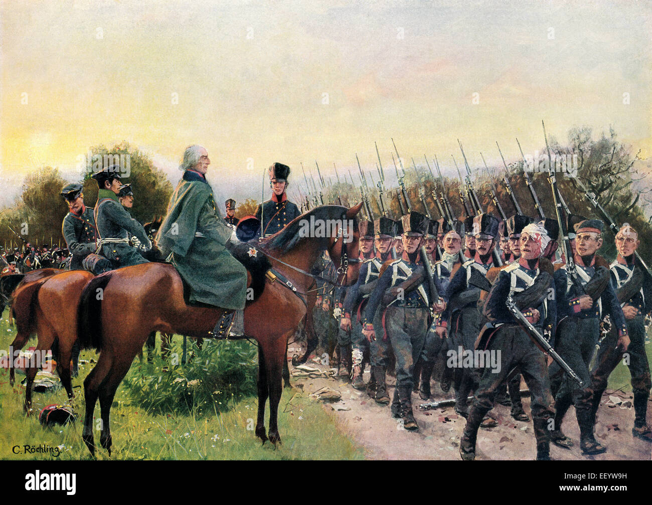 Genaral Yorck von Wartenburg honors the 2nd Battalion of the Imperial Guards, Battle of Wartenburg, 3.10.1813, Napoleonic Wars, Stock Photo