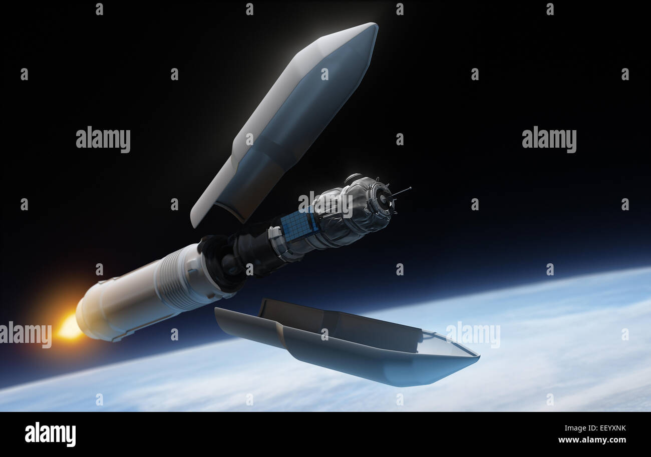 Satellite and rocket in the space. Stock Photo