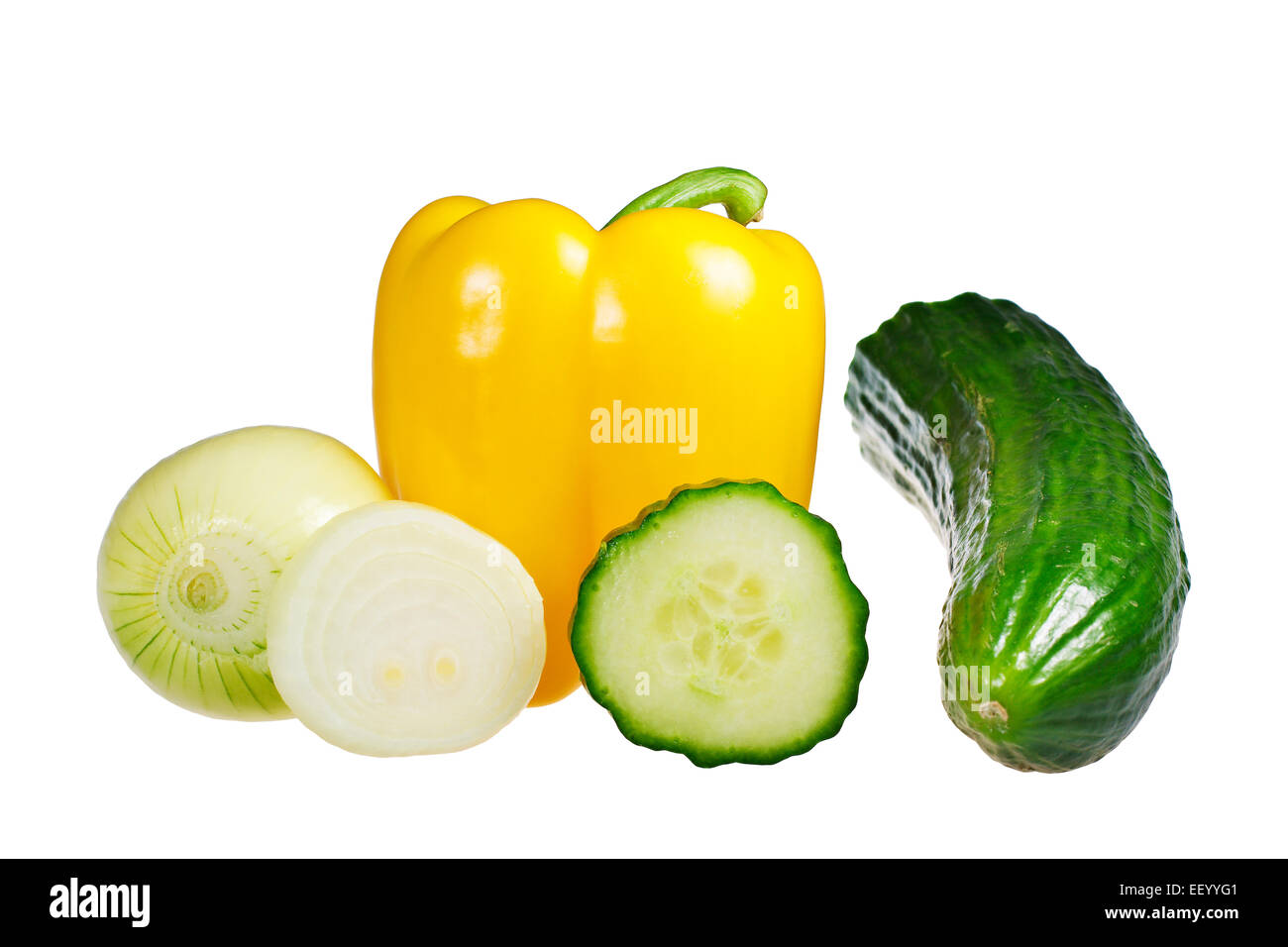 Vegetables (cucumber, yellow peppers and onion) respectively Stock