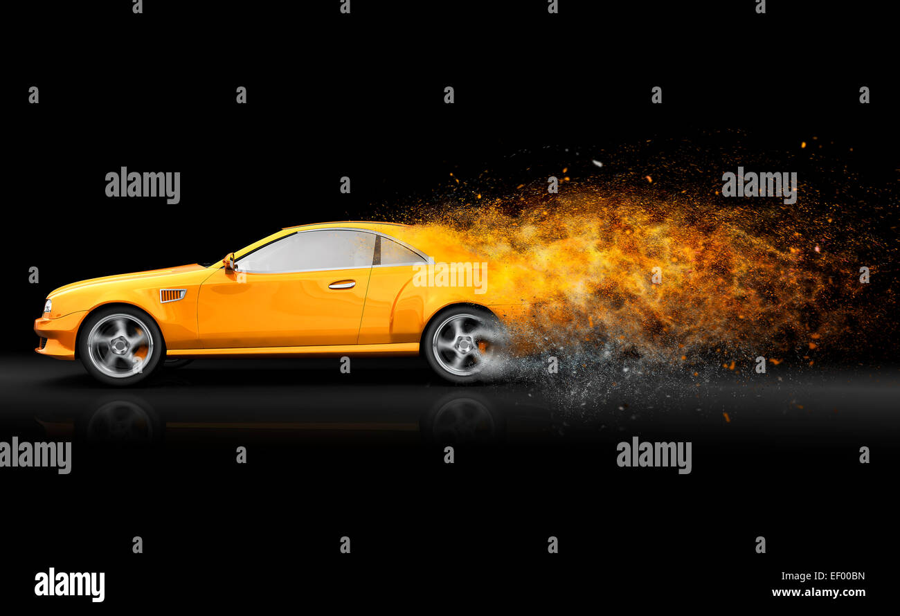 Yellow sport coupe with trail of dust Stock Photo Alamy