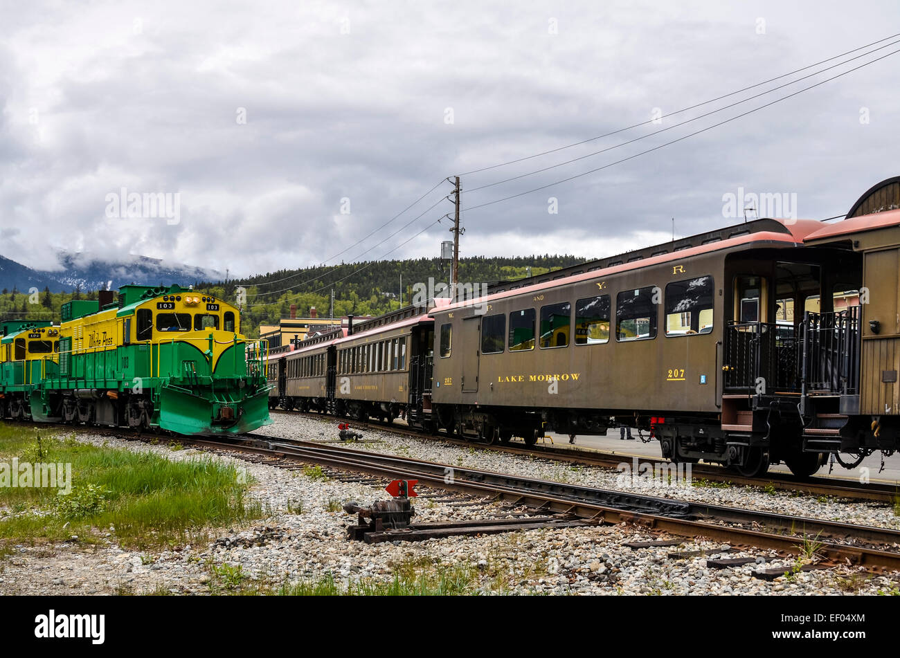 SKAGWAY, ALASKA - MAY 23 : White Pass & Yukon rail tours to the White Pass summit start in Skagway Stock Photo
