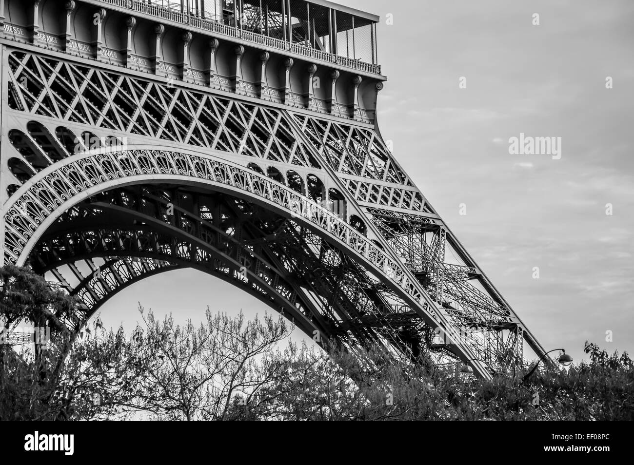 Foot of the Eiffel Tower in black and white Stock Photo